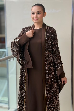 Matex Pul Payetli Önü Açık İçli Dışlı Elbiseli Abaya