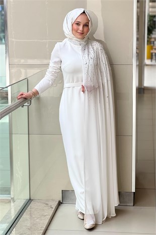 White Corner Şifon Detaylı Taşlı Abiye