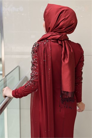Fashion Night Kolları Taşlı Şifon Tül Abiye Elbise