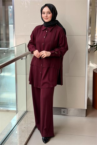 Nurcan Çetin Nervür Detaylı Oval Yırtmaçlı Gömlek Pantolon Takım