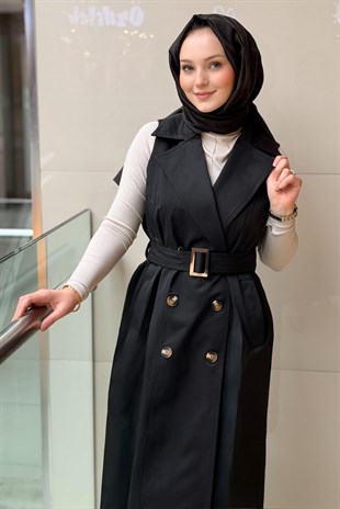 Nurcan Çetin Kruvaze Yaka Kuşaklı Kolsuz Trençkot