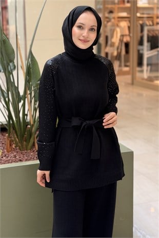 Fuat Gürşen Kolları Pul Payet İşlemeli Tunik Pantolon Triko Takım