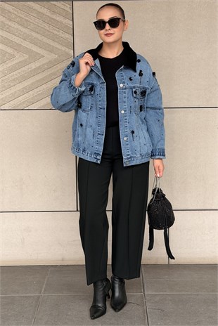 Mahal Yakası Kadife Detaylı Boncuk İşlemeli Denim Ceket