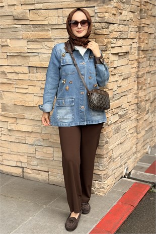 Mahal Yaka Ve Kol Ucu Deri Detaylı Boncuk İşlemeli Denim Ceket