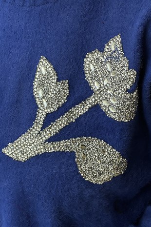 Nuss Sıfır Yaka Lale Taş İşlemeli Angora Tunik