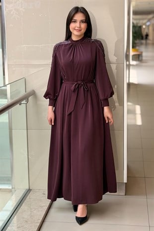Matex Omuzları Boncuk İşlemeli Abiye Elbise