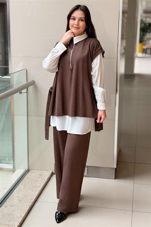 Nurcan Çetin Yaka Yarım Fermuarlı Kolsuz Tunik Gömlek Pantolon 3Lü Set Takım