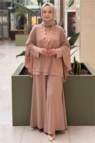 Ghisa Aksesuar Kolyeli İçlikli Şifon Tunik Pantolon Takım