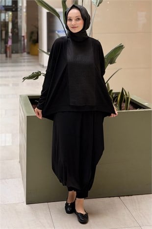 Nurcan Çetin Önü Bürümcük Kumaş Kombinli Tunik Şalvar Takım