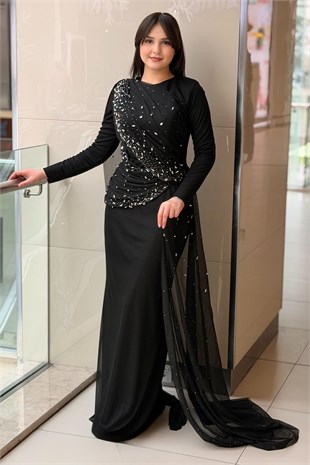 Fashion Night Drapeli Taş İşlemeli Tül Abiye Elbise