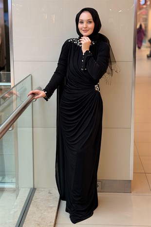 Fashion Nigth Yaka Ve Beli Taş Detaylı Abiye Elbise