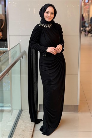 Fashion Nigth Yaka Ve Beli Taş Detaylı Abiye Elbise