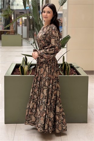 Ceremony Belden Kemerli Şal Desen Elbise