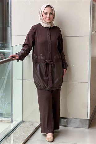 Ghisa Triko Deri Kombinli Beli Kuşaklı Tunik Pantolon Takım