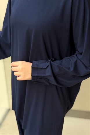 Tığ Triko Nervür Detaylı Tunik Pantolon Takım