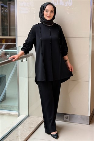 Fuat Gürşen Biye Detaylı kristal Taş İşlemeli Tunik Pantolon