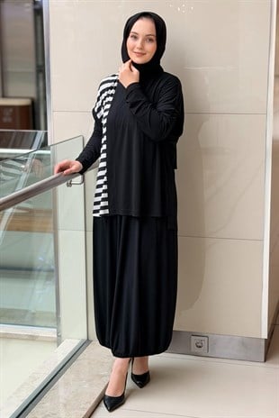 Nurcan Çetin Siyah Beyaz Çizgili Kolsuz Tunik İçlik Etek 3lü Set Takım