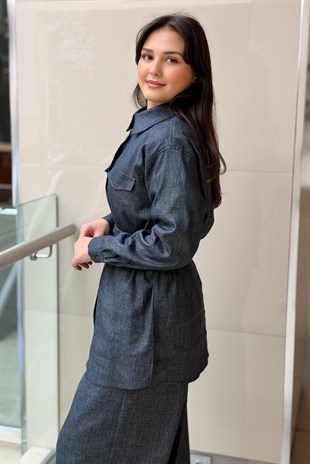 Ceremony Beli lastikli Kemerli Denim Keten Gömlek