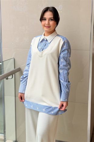 Ghisa İşlemeli Çizgili Mix Kumaş Tunik Pantolon Takım