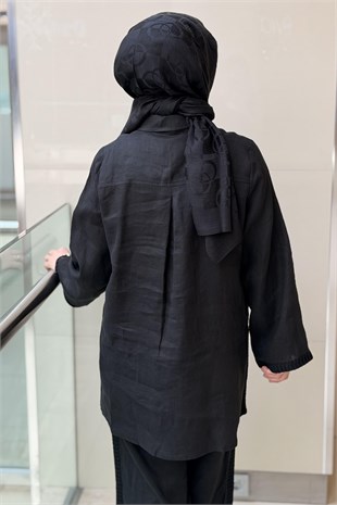 Missdalida Triko Tıktaklı Keten Gömlek Pantolon Takım