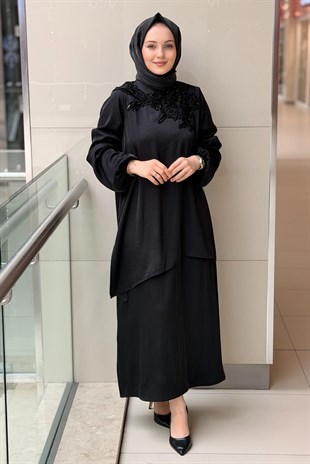 Nurcan Çetin Heddy Yakası Çiçek Boncuk İşlemeli Tunik Etek Takım