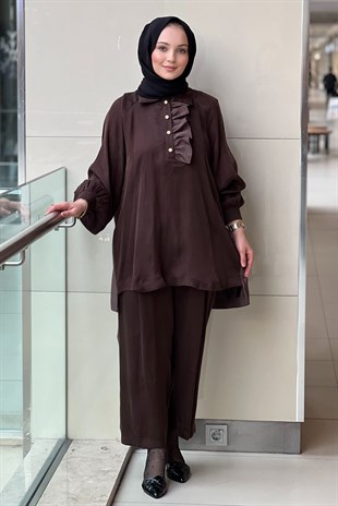 Ghisa Fırfır Detaylı Mix Kumaş Desenli Tunik Pantolon Takım