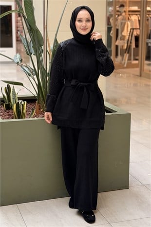 Fuat Gürşen Kolları Pul Payet İşlemeli Tunik Pantolon Triko Takım