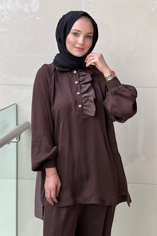 Ghisa Fırfır Detaylı Mix Kumaş Desenli Tunik Pantolon Takım