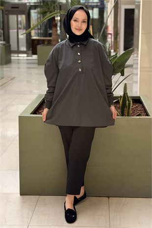 Tığ Triko Yarım Patlı Gipeli Oversize Gömlek