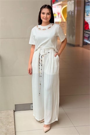 Twist Boncuklu Kuşaklı Wide Leg Pantolon