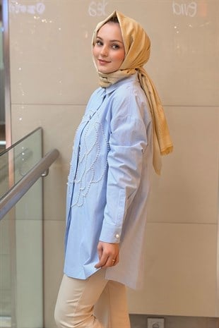 Ghisa İnci İşlemeli Çizgili Gömlek