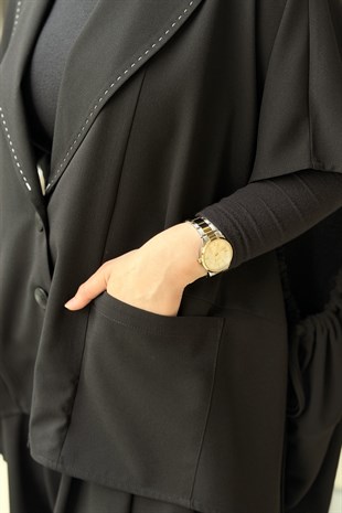Ghisa Kruvaze Yaka Dikiş Detaylı Kolsuz Ceket Geniş Paça Pantolonlu Takım