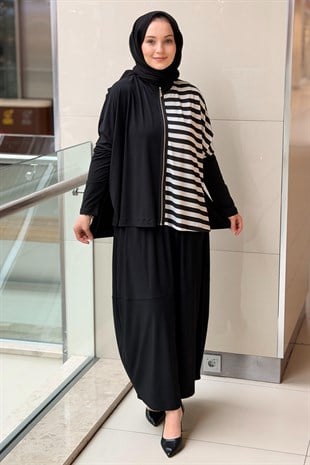 Nurcan Çetin Siyah Beyaz Çizgili Fermuarlı Tunik Etek Takım