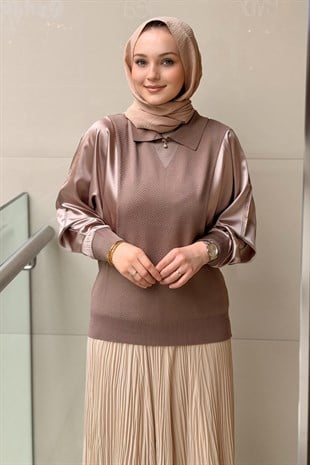 Ghisa Gömlek Yaka Saten Kombinli Triko Tunik