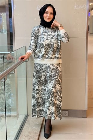 Ghisa Payet Detaylı Ağaç Desenli Tunik Etek Takım