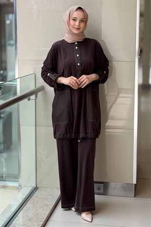 Nurcan Çetin Spor Dikiş Kolları Apoletli Kumaş Mix Tunik Pantolon Takım