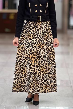 Sentez Leopar Saten Kiloş Etek