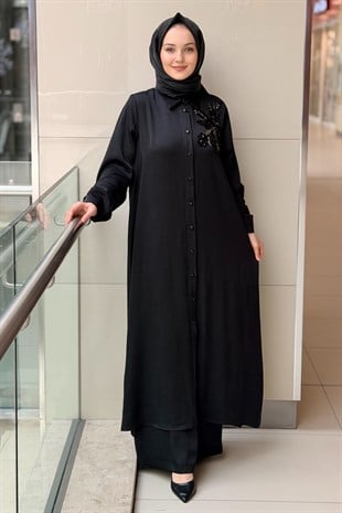 Nurcan Çetin Yakası Pul Boncuk İşlemeli Uzun Gömlek Pantolon Takım