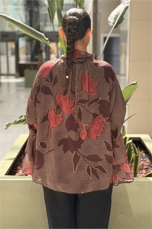 Ghisa Fırfr Detaylı Astarlı Desenli Şifon Tunik