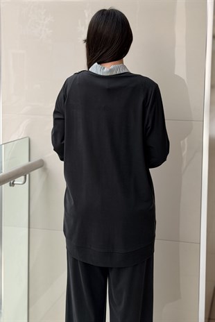 Fuat Gürşen Yakası Çiçek İşlemeli Üç Düğmeli Tunik Pantolon Takım