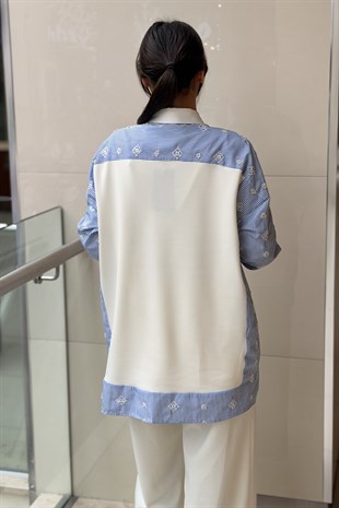 Ghisa İşlemeli Çizgili Mix Kumaş Tunik Pantolon Takım