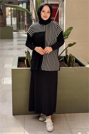 Nurcan Kontrast Çizgi Desenli Tunik İçlik Etek 3lü Takım