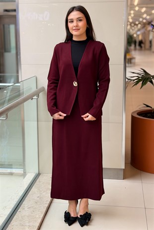 Ghisa V Yaka Tek Düğme Hırka Etek Triko Takım