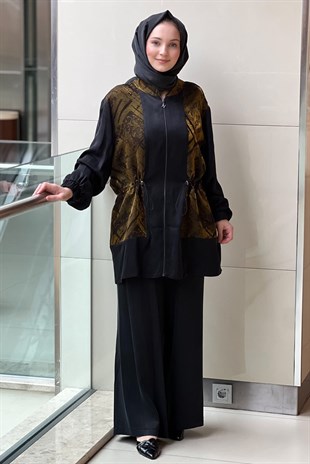 Nuss Jakar Desenli Bel Büzgülü Kap Pantolon Takım