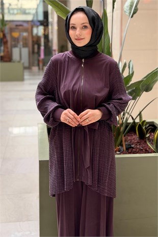 Nurcan Çetin Yanları Bürümcük Kumaş Kombinli Uzun Kap Pantolon Takım