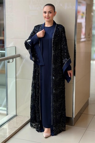 Matex Pul Payetli Önü Açık İçli Dışlı Elbiseli Abaya