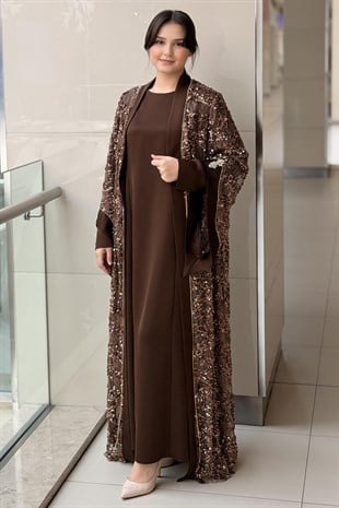 Matex Pul Payetli Önü Açık İçli Dışlı Elbiseli Abaya