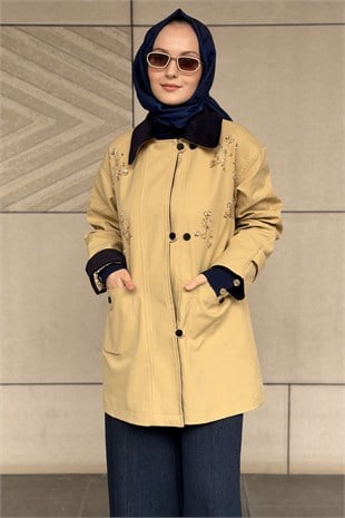 Mahal Eleganza Önden Düğmeli Boncuk İşlemeli Trenç