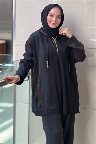Ghisa Tunik Kapşonlu Etnik Desenli Fermuar Detaylı Pantolonlu Takım