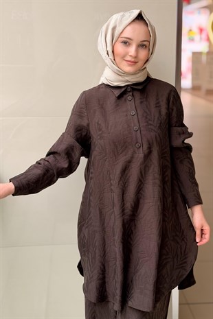 Nurcan Çetin Kendinden Yaprak Desenli Tunik Pantolon Takım